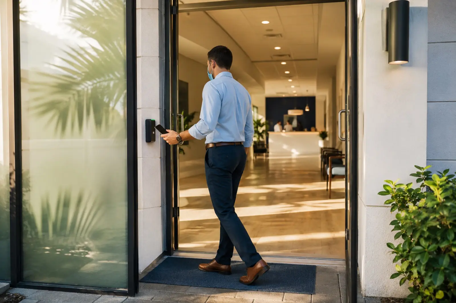 Man using a smartphone credential to badge into a commercial building through an access-controlled entrance