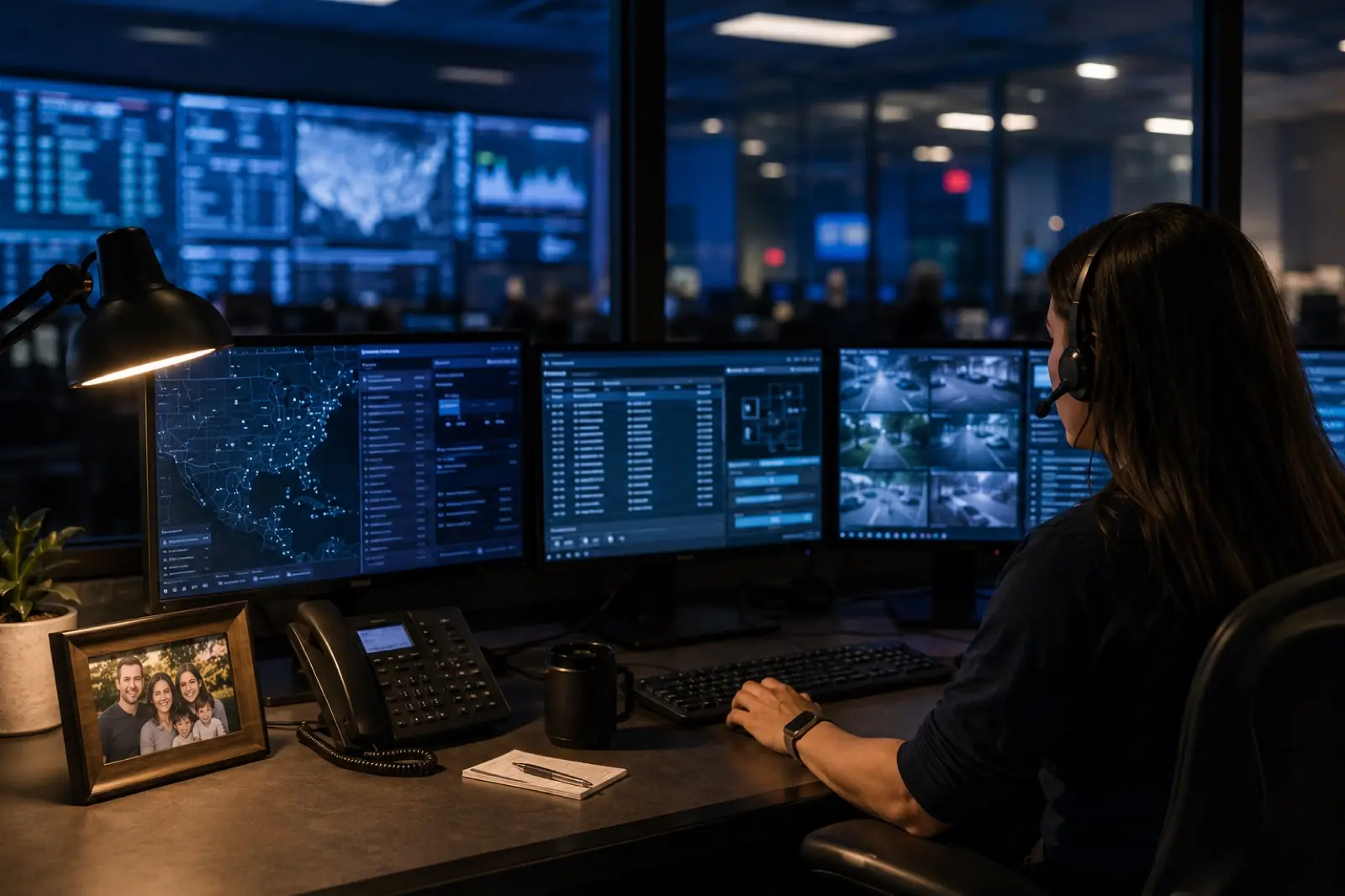 Security dispatcher wearing a headset and monitoring live camera feeds and alarm signals at a 24/7 monitoring center