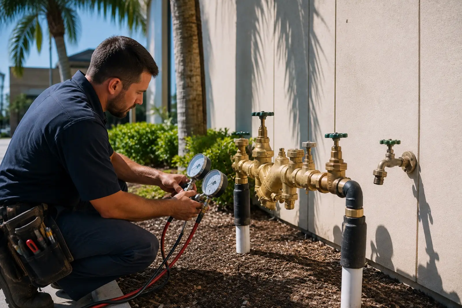 Technician testing a brass backflow preventer assembly with calibrated gauges outside a commercial building