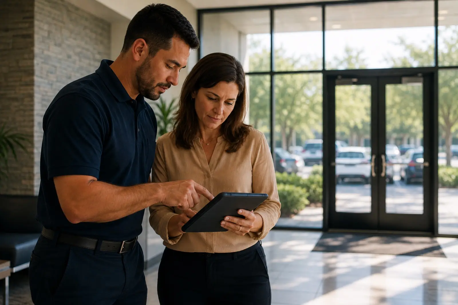Technician reviewing a compliance checklist on a tablet with a building manager in a commercial lobby