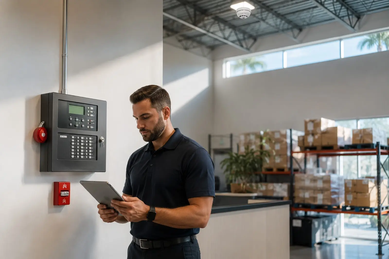 Technician reviewing a wall-mounted fire alarm control panel with a tablet in a warehouse