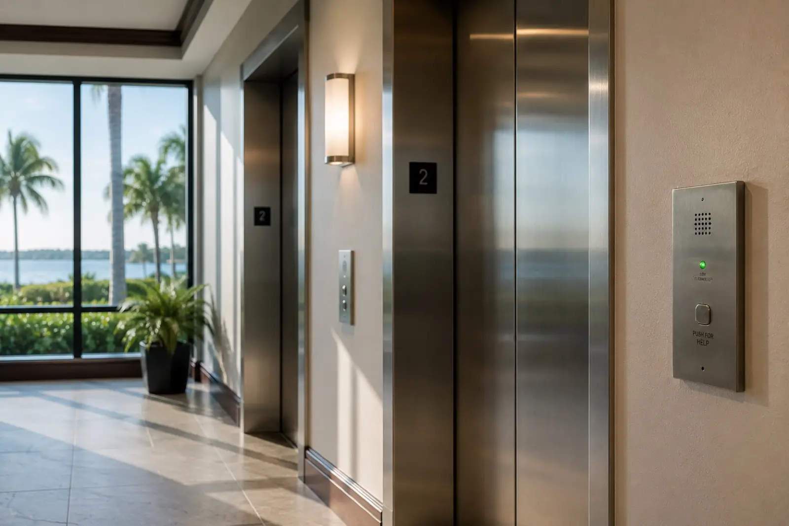 Elevator lobby with a monitored emergency call box mounted on the wall beside the elevator doors