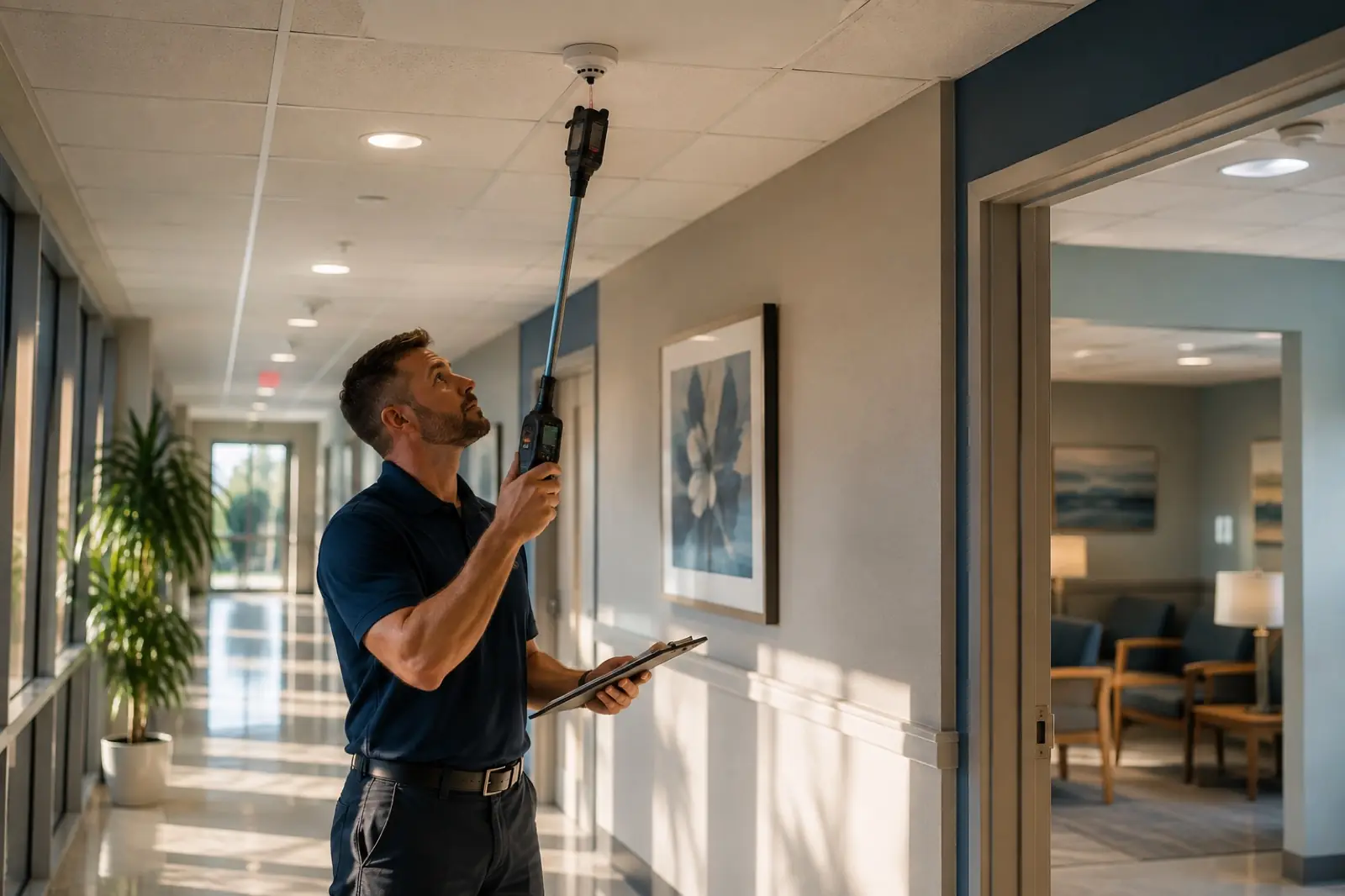 Technician using a smoke detector tester on a pole to functionally test a ceiling smoke detector in an office corridor