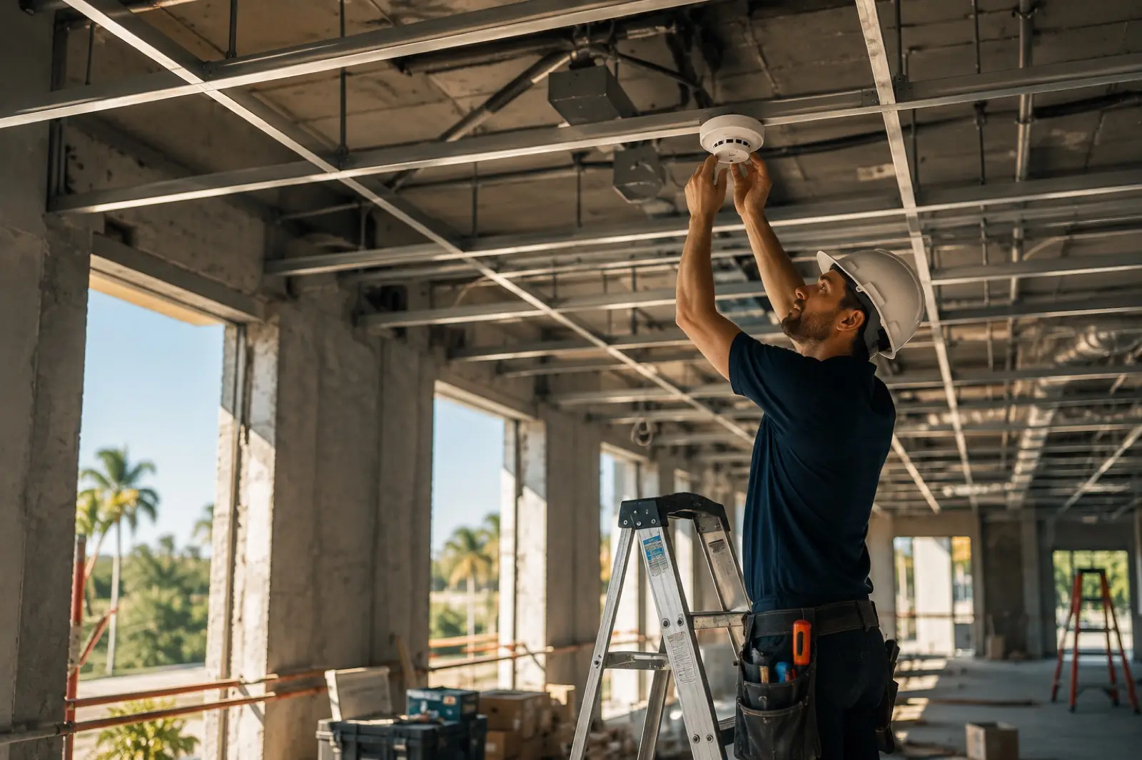 Technician on a ladder installing a smoke detector into an unfinished ceiling grid at a new-construction commercial building