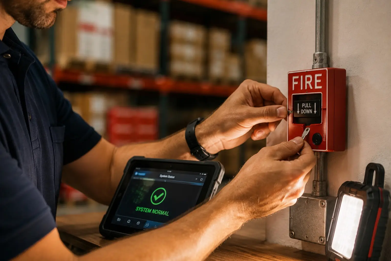 Technician repairing a fire alarm pull station in a warehouse beside a tablet showing a normal system status