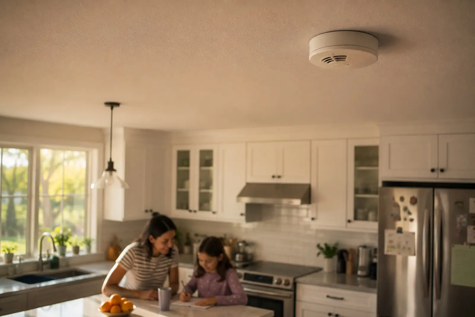 Smoke detector mounted on a kitchen ceiling with a parent and child at the counter in the background