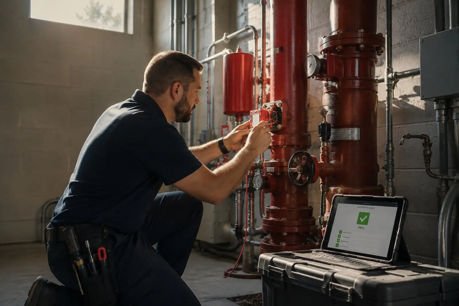 Technician testing a fire sprinkler riser valve beside a tablet showing a passing inspection result