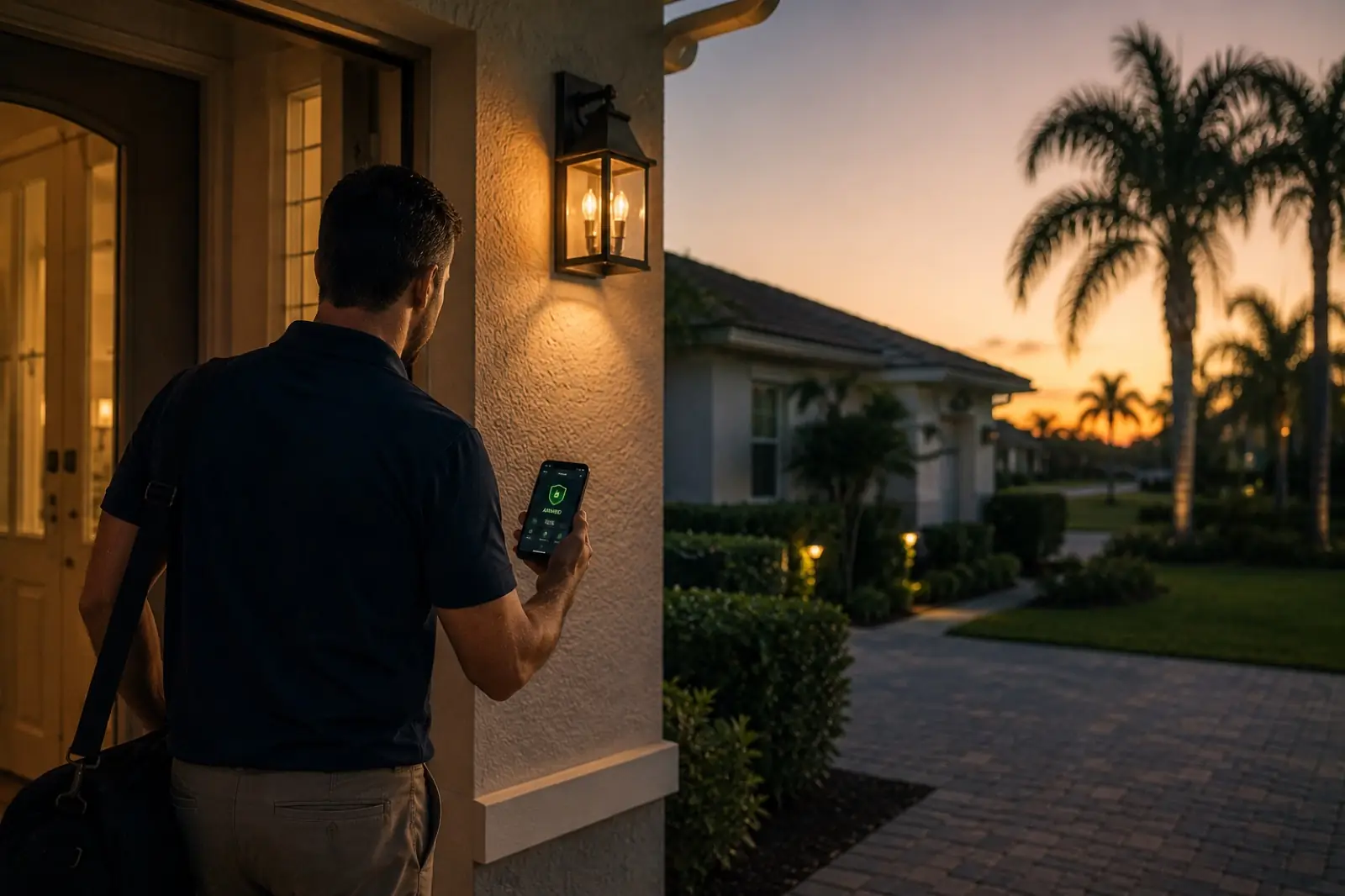 Homeowner arriving home at dusk and checking an armed security app on their phone beside the front door