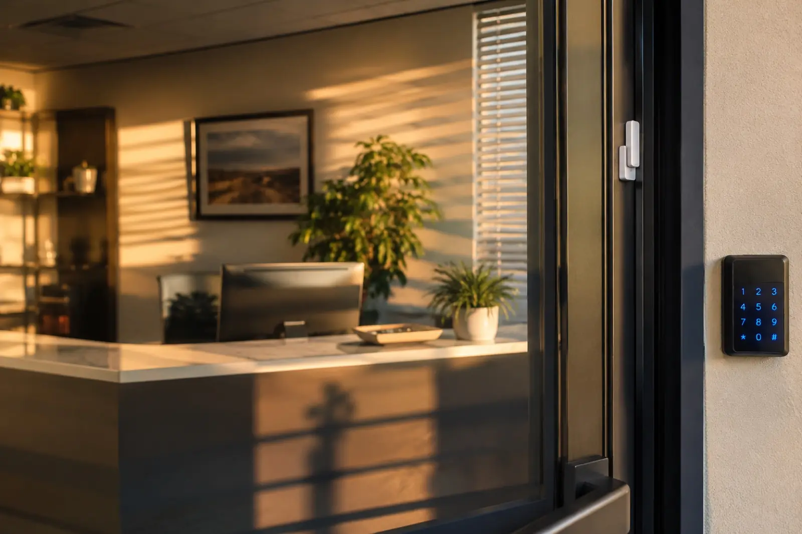 Door contact sensor and alarm keypad installed beside a glass entry door in a commercial office