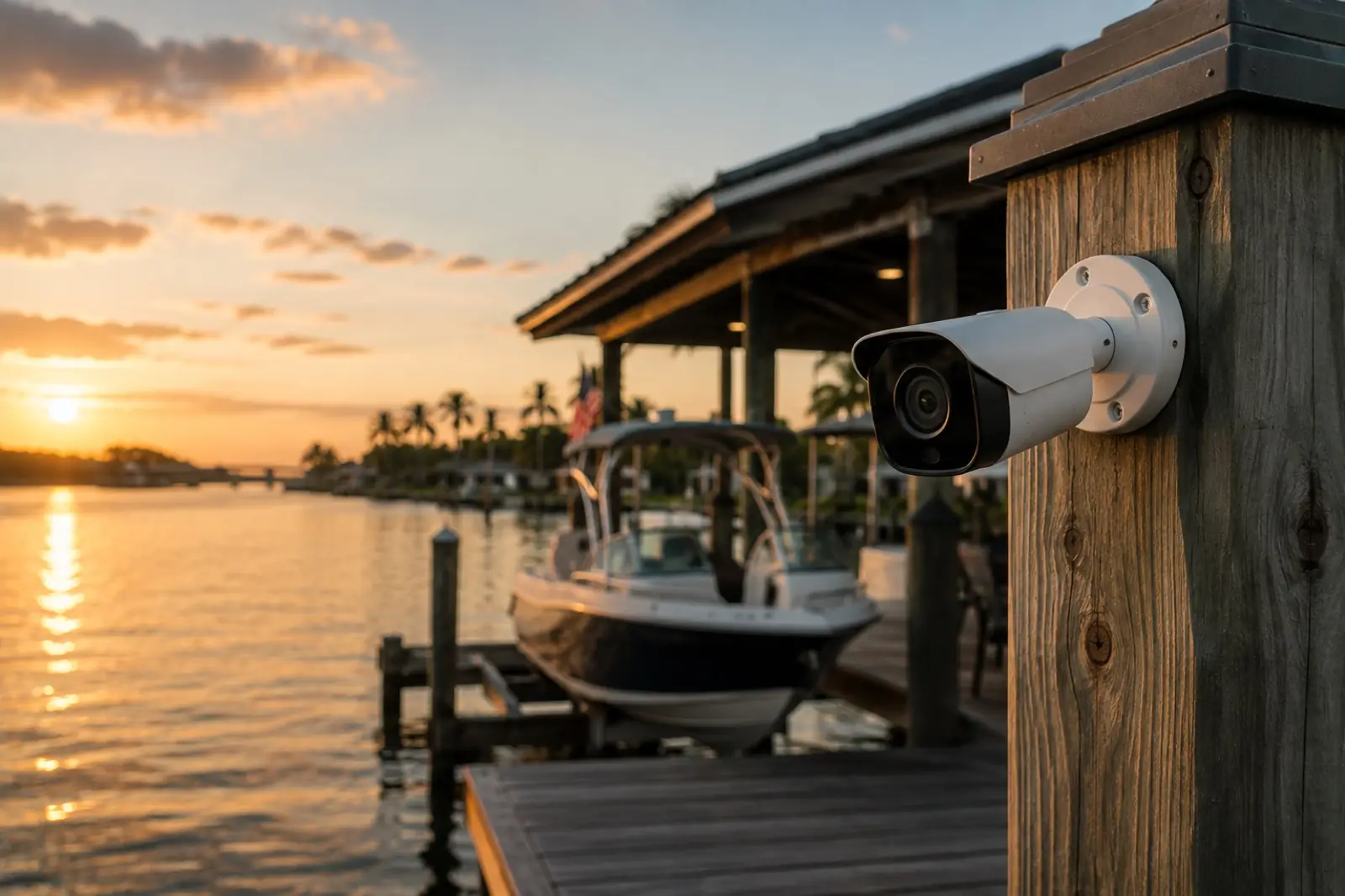 Weatherproof security camera mounted on a dock piling overlooking a waterfront property at golden hour