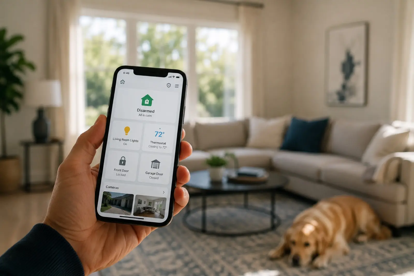 Homeowner holding a phone showing a smart home app with security, lighting, and thermostat controls in a bright living room