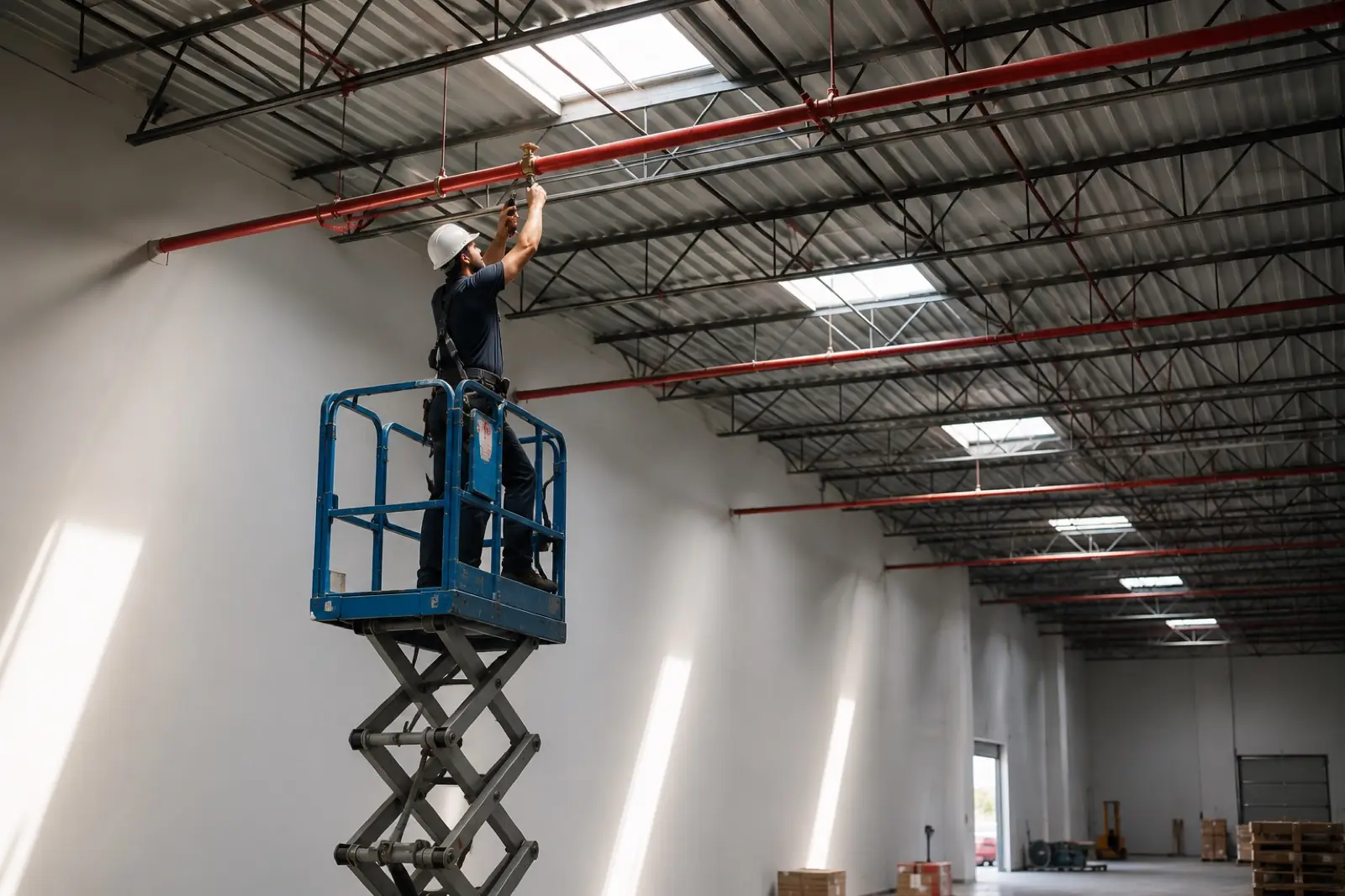Technician on a scissor lift installing a fire sprinkler valve into overhead piping in a warehouse