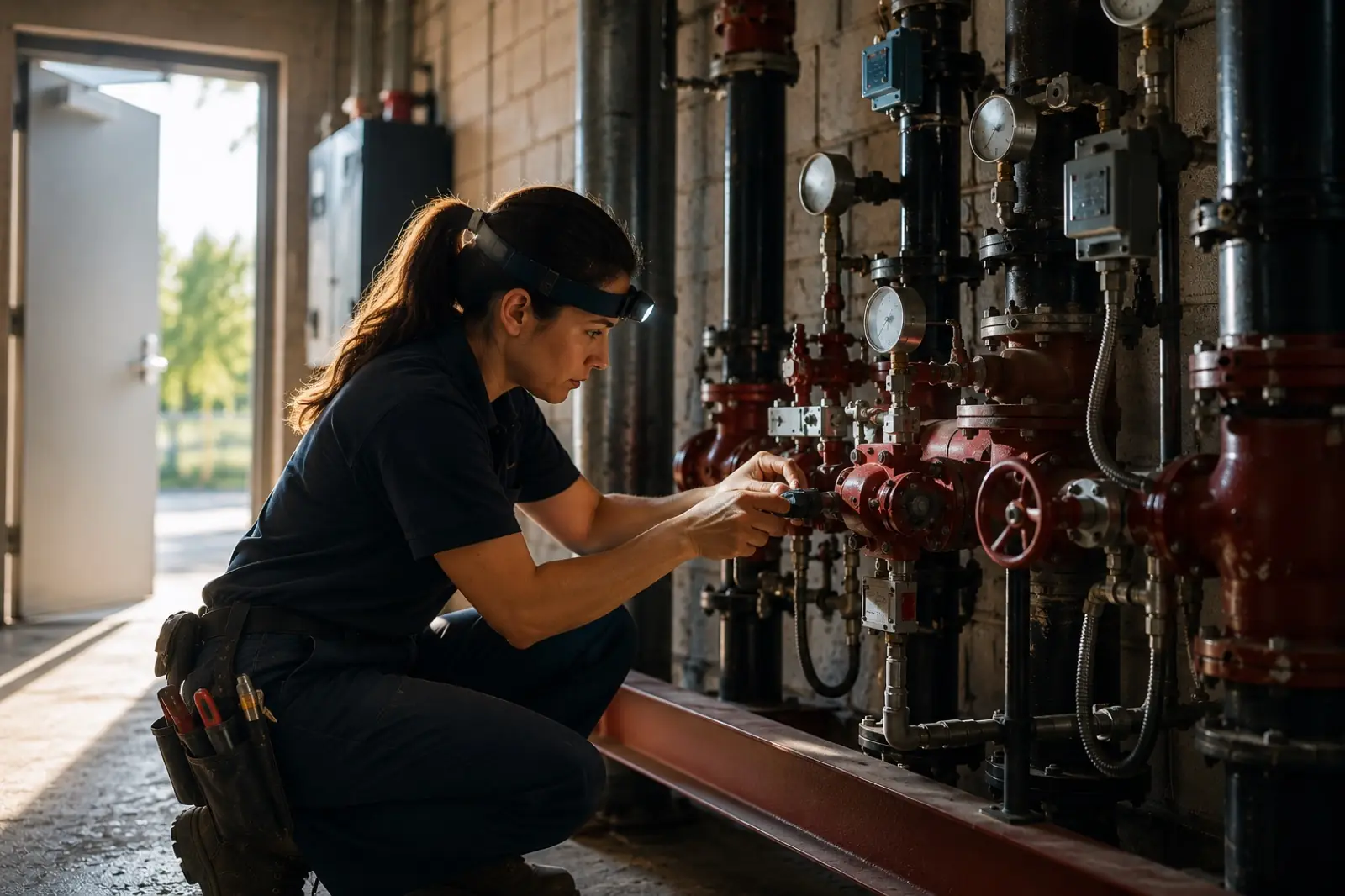 Technician wearing a headlamp repairing a fire sprinkler riser valve in a mechanical room