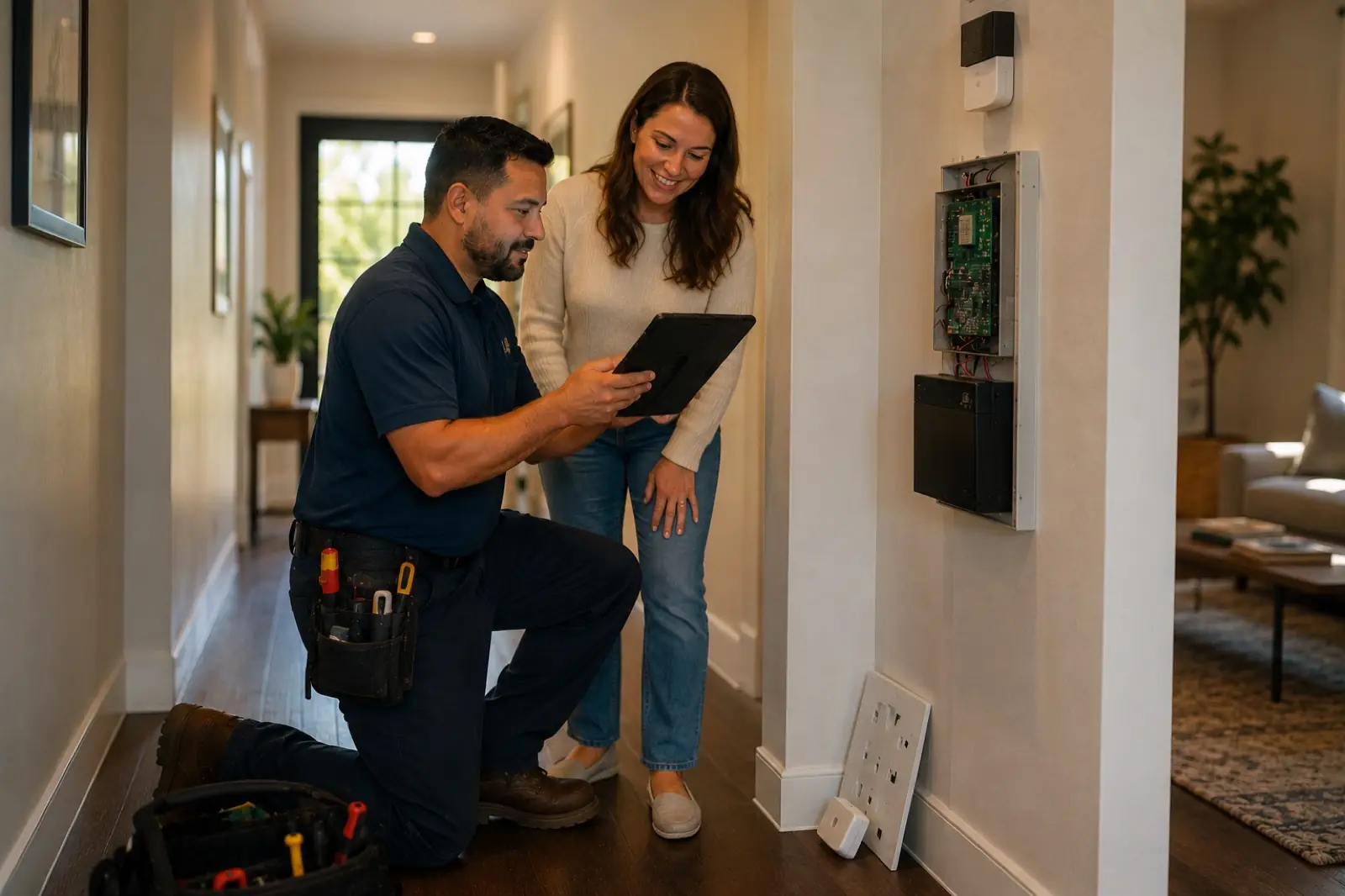 Technician showing a homeowner an open security panel and tablet during a system evaluation in a hallway