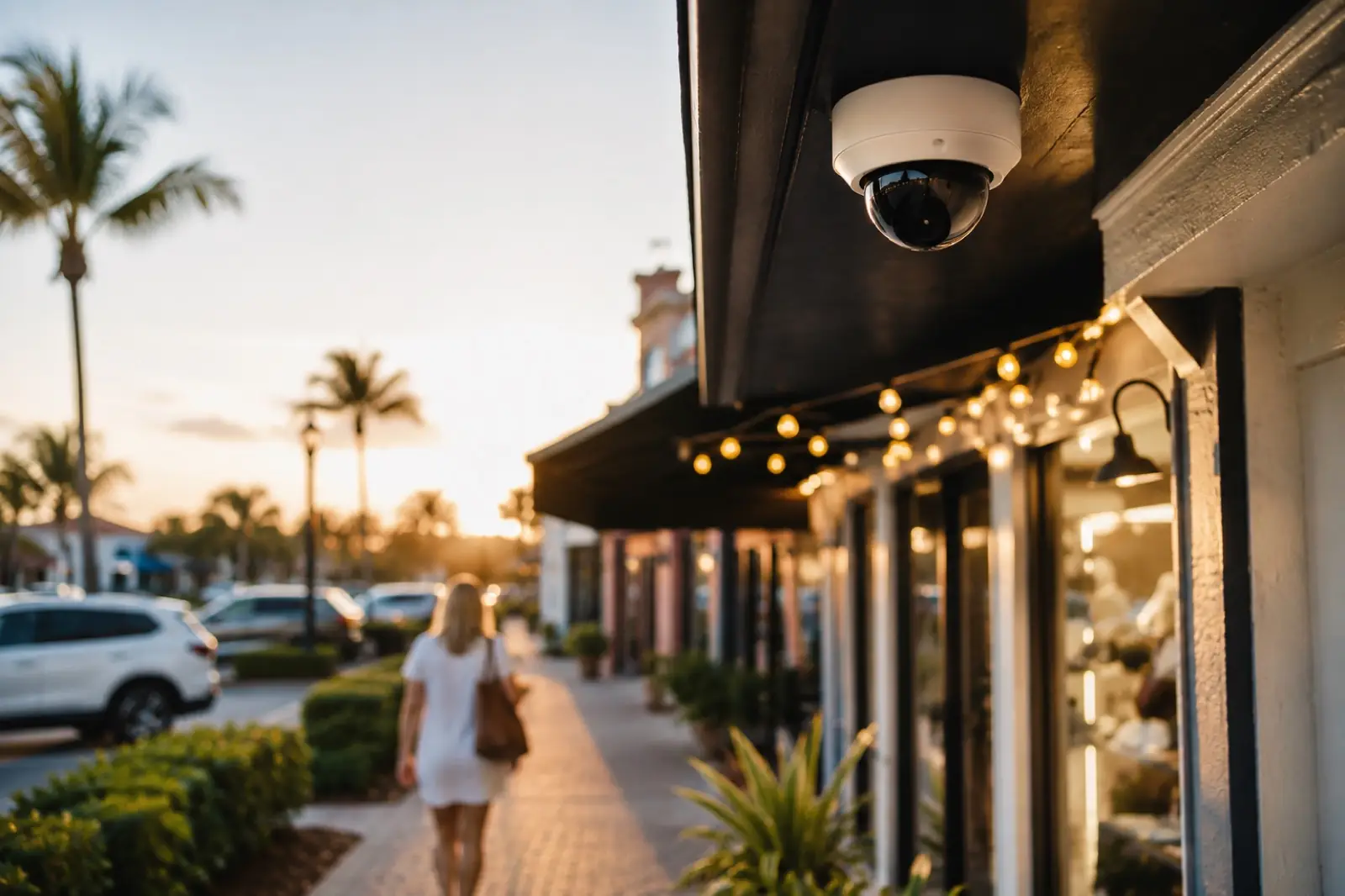 Security camera mounted outside a storefront at sunset with a pedestrian walking along the sidewalk