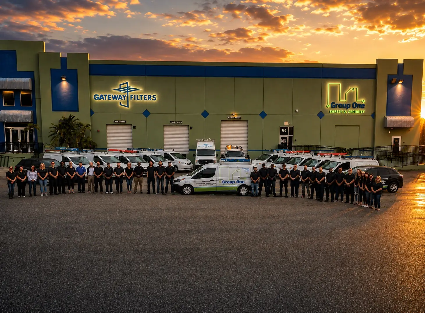 Group One Safety & Security team and service vehicles outside the Stuart, FL headquarters at sunset