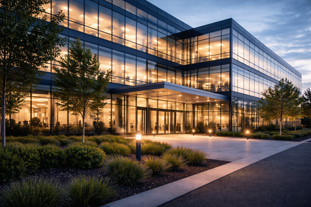 Exterior of a modern commercial office building designed for professional business operations