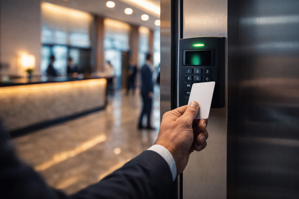 Commercial access control card reader being used at the entrance of a modern office building