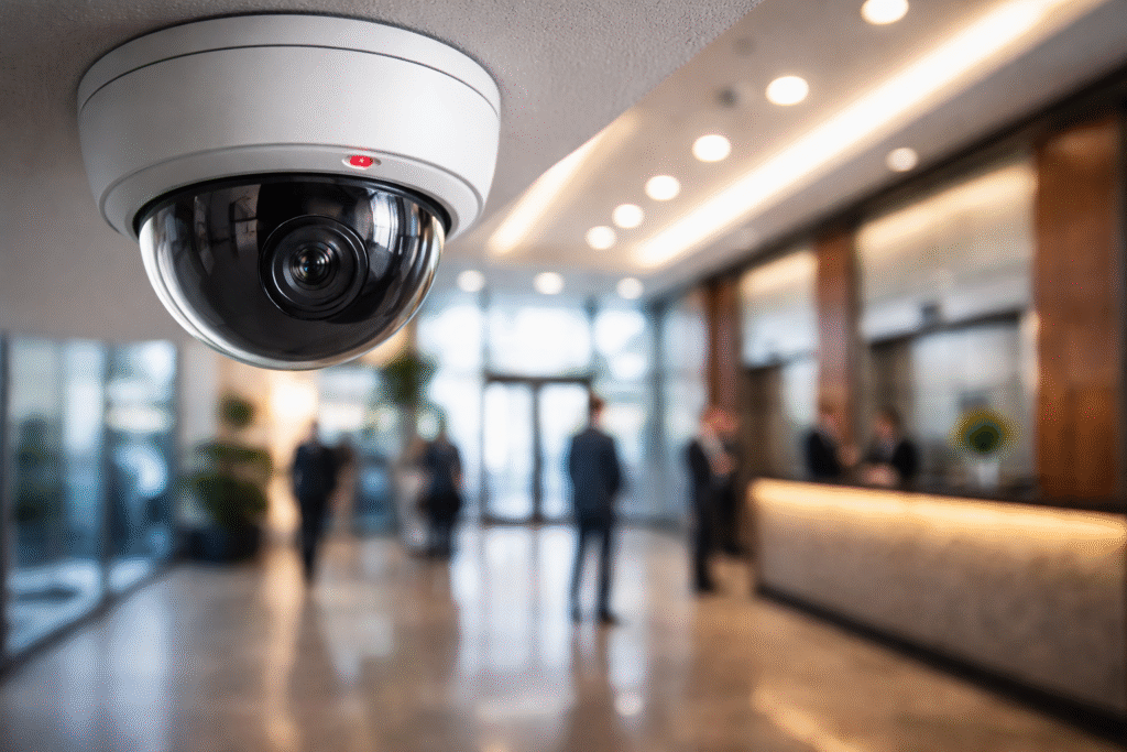 Commercial CCTV camera installed in a modern office lobby for professional building security