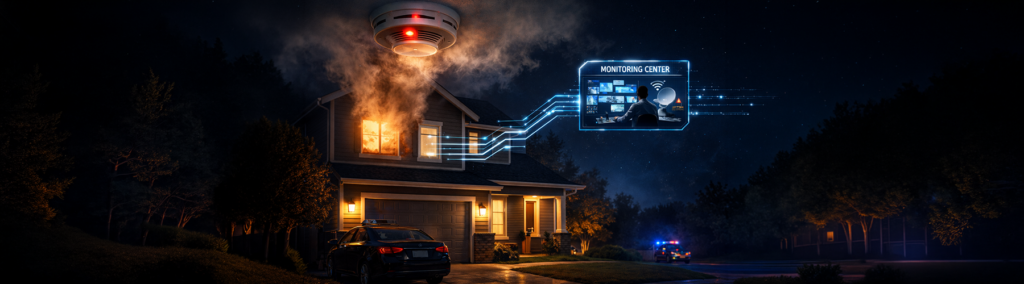 A house fire triggers a smoke alarm that instantly alerts a professional monitoring center — Group One Safety and Security