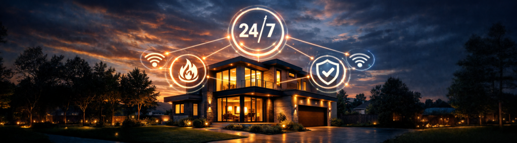 Luxury home at dusk displaying 24/7 monitoring symbols for fire detection and home security, representing Group One Safety and Security's residential alarm monitoring solutions