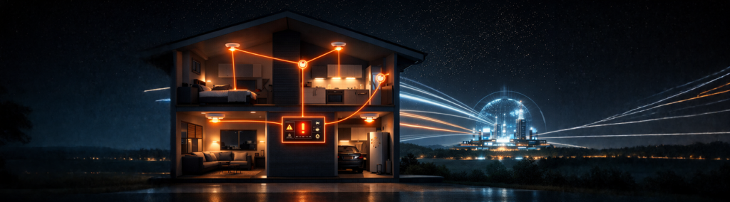 Smart fire alarm system with remote monitoring connections in a modern home, transmitting real-time alerts to a central monitoring hub at night