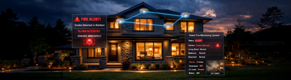 Wireless home fire alarm monitoring system showing real-time smoke detection alerts across multiple rooms — Group One Safety and Security