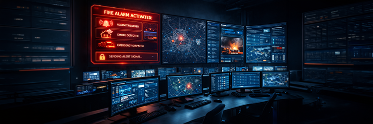 A professional monitoring center receiving a fire alarm signal with live emergency alerts on screen — Group One Safety and Security