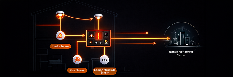 Diagram showing smoke, heat, and carbon monoxide sensors connected to a fire alarm control panel transmitting alerts to a remote monitoring center