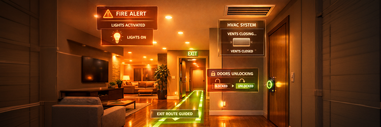 Smart home fire alert system automatically activating lights, closing HVAC vents, unlocking doors, and guiding exit routes during an emergency