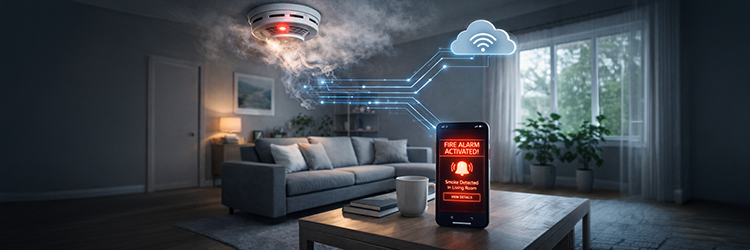 A smoke detector sends a fire alarm alert to a smartphone via the cloud — Group One Safety and Security