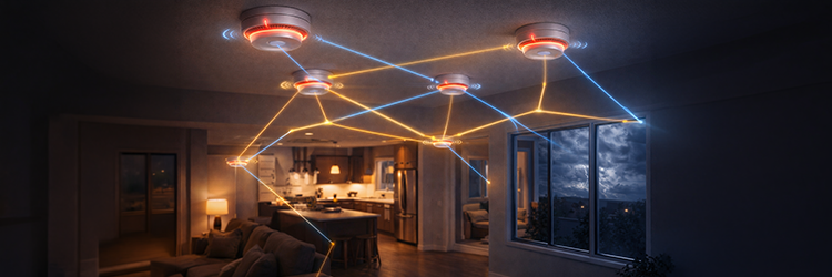 Multiple wireless smoke detectors interconnected across a home, triggering simultaneous alerts for whole-home fire protection — Group One Safety and Security