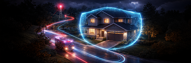 Fire truck responding rapidly to a home protected by a wireless fire alarm monitoring system with 24/7 signal coverage — Group One Safety and Security