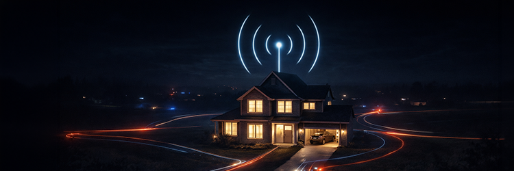 Residential home at night emitting a wireless signal icon, representing Group One Safety and Security's 24/7 fire alarm monitoring and remote home protection services