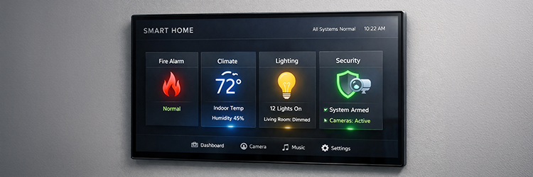 Smart home control panel displaying fire alarm, climate, lighting, and security systems. Showing integrated residential fire alarm monitoring for homeowners