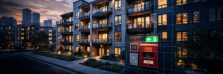Apartment complex exterior at night featuring a fire alarm pull station and exit sign, representing residential fire safety monitoring compliance for South Florida homeowners