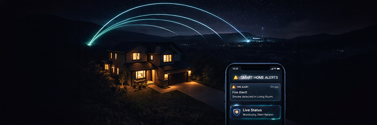 Smart home fire monitoring system sending real-time smoke detection alerts to a homeowner's mobile phone with live status updates from a remote monitoring center