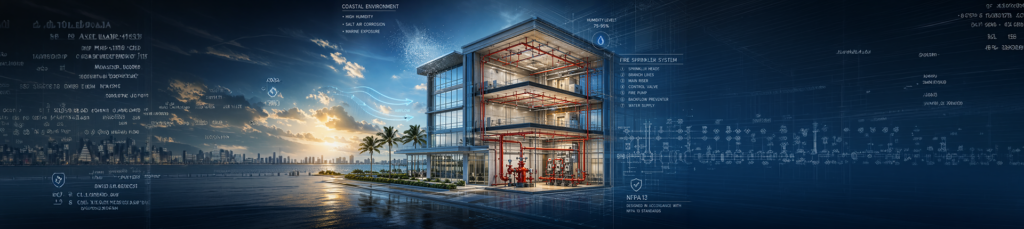 Architectural cross-section of a modern commercial building in South Florida with visible fire sprinkler system infrastructure, set against a dramatic waterfront skyline — Group One Safety and Security