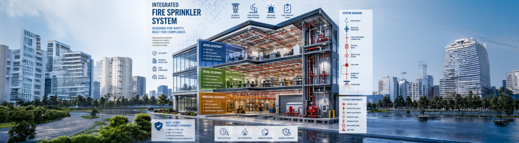 Cutaway diagram of a multi-story commercial building showing an integrated fire sprinkler system across office, retail, and industrial floors.