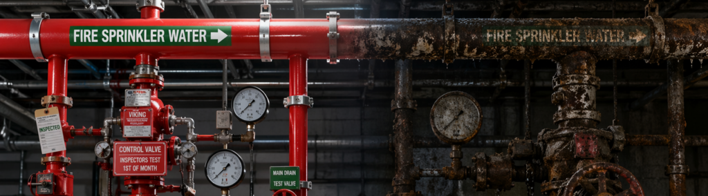 Red fire sprinkler water control valve assembly with pressure gauges in a commercial building, contrasted with a corroded, neglected system, highlighting the importance of regular maintenance.