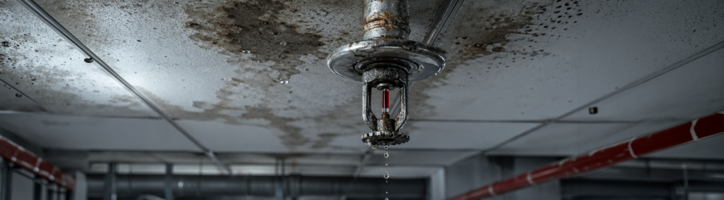 Close-up of a dripping fire sprinkler with water damage on a commercial ceiling, highlighting the need for professional sprinkler leak repair in South Florida.