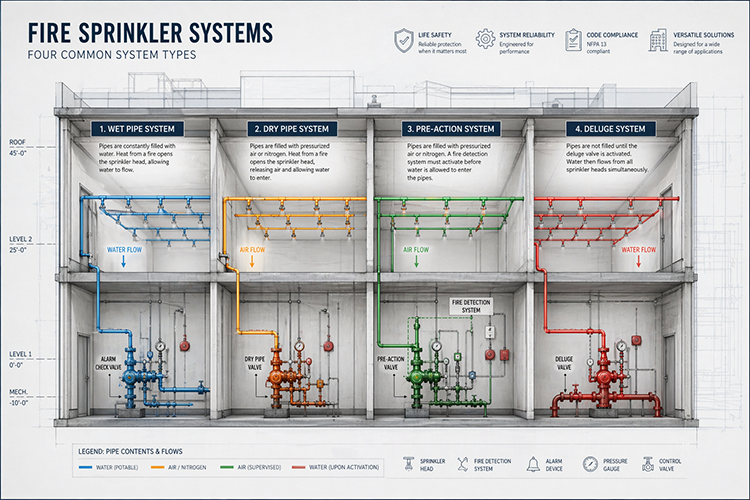 Illustrated diagram comparing four commercial fire sprinkler system types, including wet pipe, dry pipe, pre-action, and deluge. showing pipe layouts, valve components, and water flow across building levels.