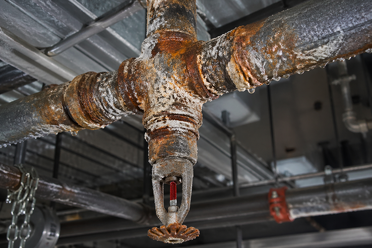 Severely corroded fire sprinkler pipes and head in a commercial building, showing how pipe corrosion leads to leaks and system failure in South Florida properties.
