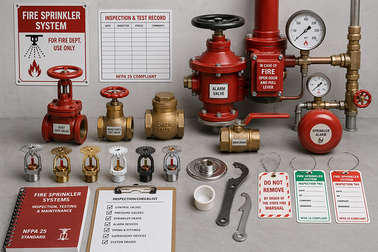 A complete fire sprinkler inspection and maintenance kit featuring NFPA 25 standard materials, alarm valves, sprinkler heads, and an inspection checklist.