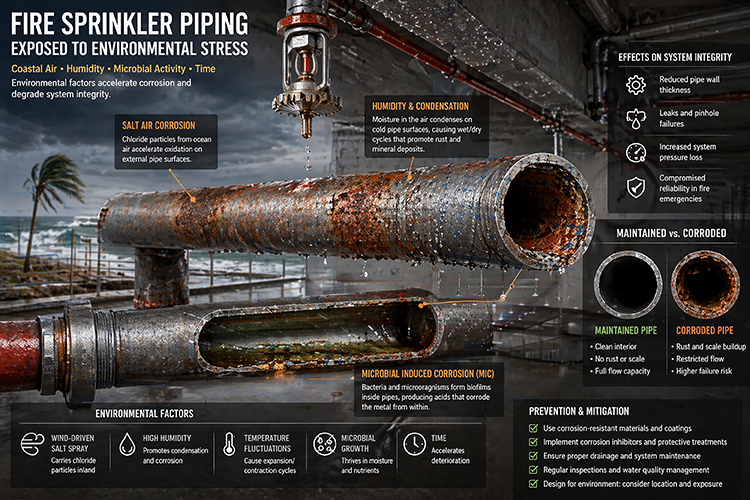 Detailed infographic showing how South Florida's coastal air, humidity, and microbial activity cause corrosion and environmental stress in commercial fire sprinkler piping, highlighting the importance of proper material selection and maintenance by Group One Safety and Security.
