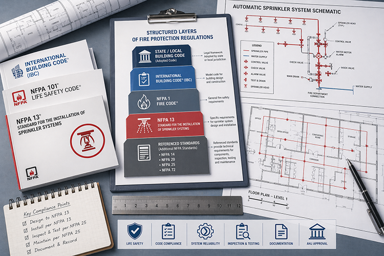 Infographic showing the structured layers of fire protection regulations, including IBC, NFPA 1, and NFPA 13. Alongside an automatic sprinkler system schematic and key compliance checklist for commercial buildings in Florida.