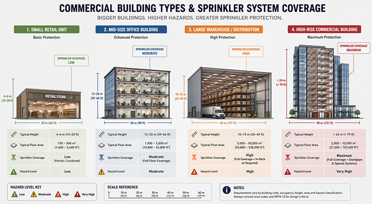 Comparison chart of four commercial building types, including small retail, mid-size office, large warehouse, and high-rise. Showing how sprinkler system coverage requirements and hazard levels increase with building size and height.