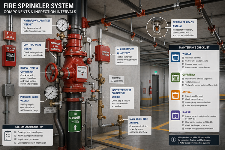 Labeled photo of a commercial fire sprinkler system's main control components showing NFPA 25 inspection intervals: weekly, quarterly, annual, and 5-year for valves, pressure gauges, alarm devices, and sprinkler heads.