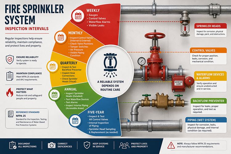 Infographic outlining NFPA 25 fire sprinkler system inspection intervals, from weekly gauge checks to five-year internal pipe inspections, for commercial property compliance and life safety.