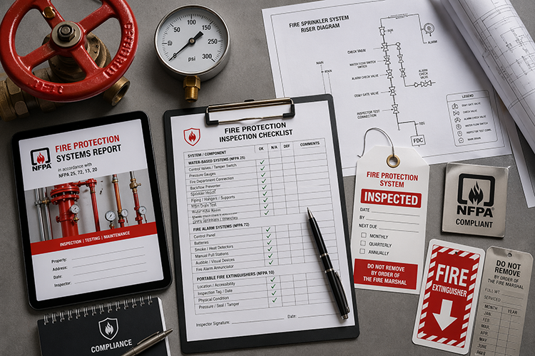 NFPA-compliant fire protection inspection checklist, riser diagram, and certified inspection tags laid out alongside system components. Representing the documentation and credentials to expect from a qualified fire sprinkler service provider.